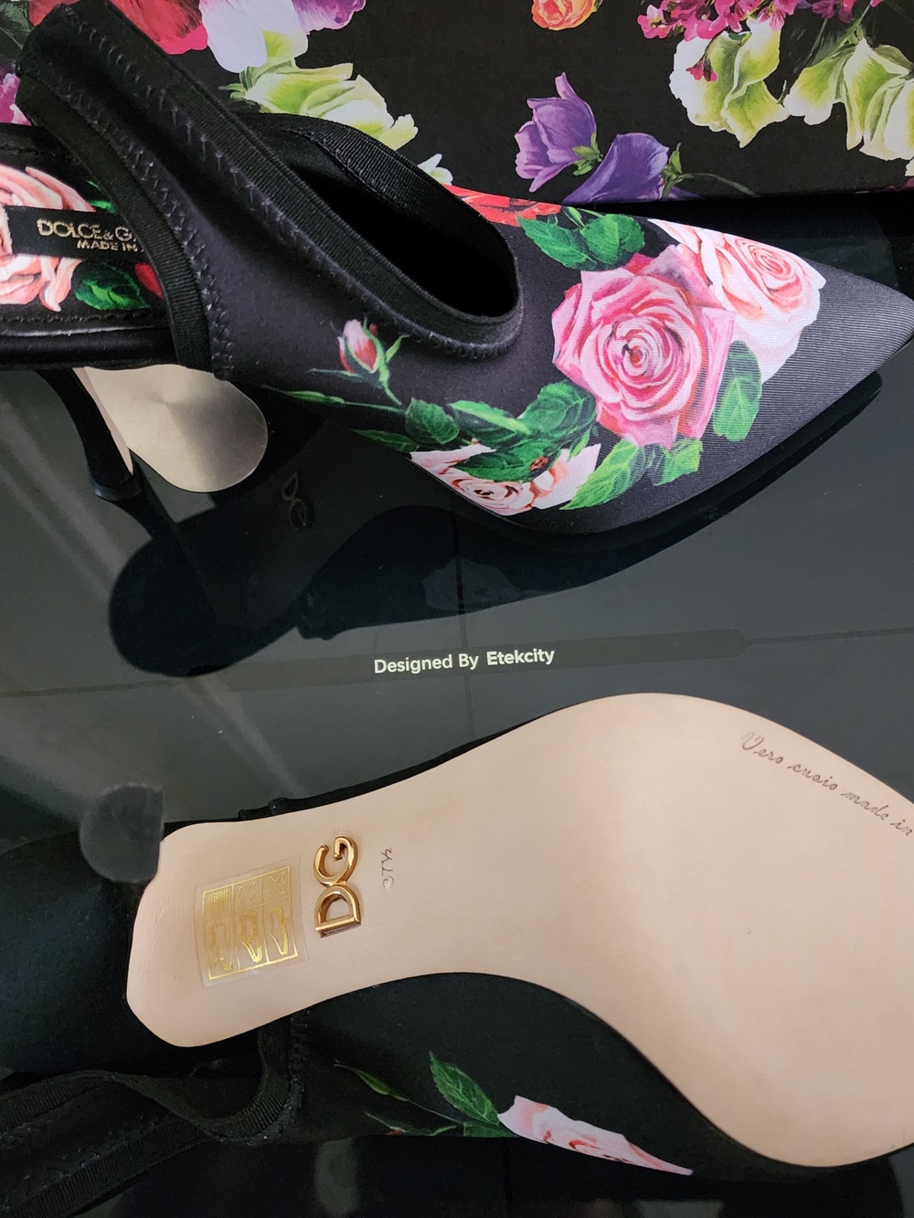 ‼️ON SALE‼️ New Dolce & Gabbana Black Slingback Pumps with Pink & Red Rose Print - Picture 10 of 13